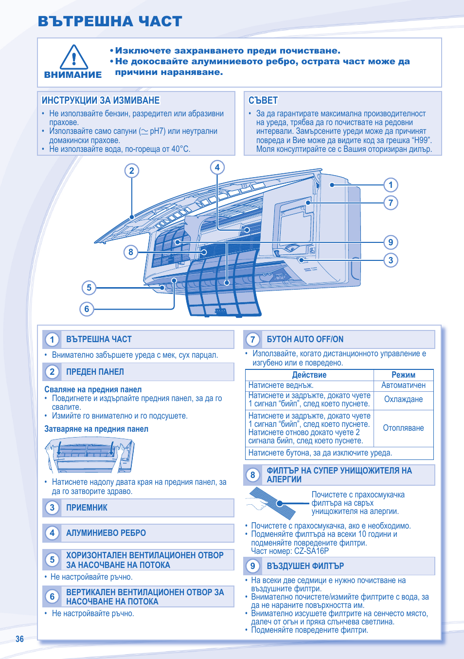 Вътрешна част | Panasonic CURE24JKX1 User Manual | Page 36 / 44