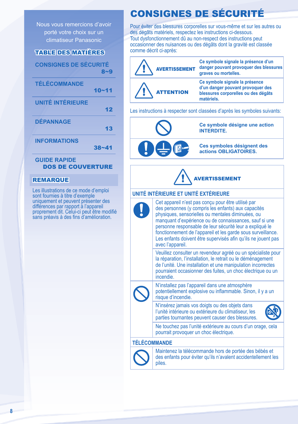 Consignes de sécurité | Panasonic CURE24JKX1 User Manual | Page 8 / 44