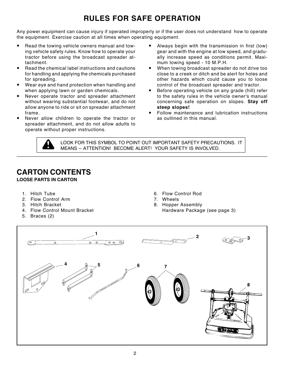 Rules for safe operation, Carton contents | Agri-Fab 45-02113 User Manual | Page 2 / 12