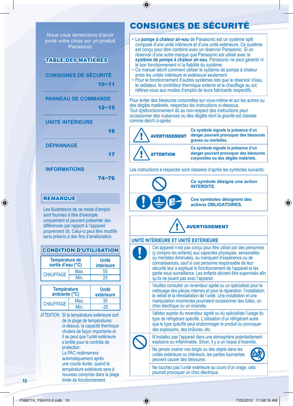 Consignes de sécurité | Panasonic WHSDF03E3E5 User Manual | Page 10 / 76