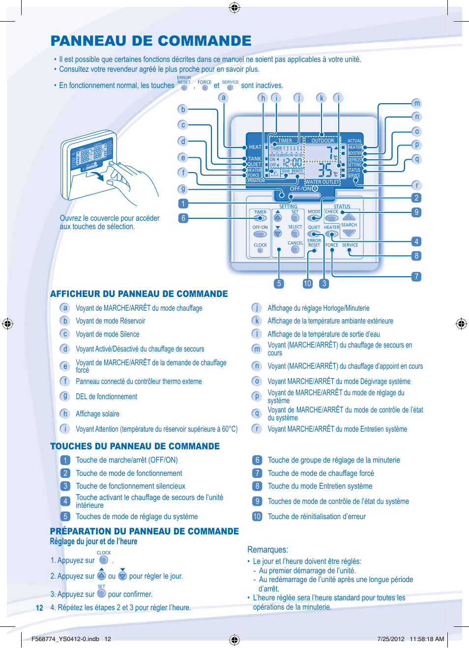 Panneau de commande, Configuration des fonctions spéciales, Afficheur du panneau de commande | Touches du panneau de commande, Remarques, Sont inactives, Appuyez sur ou pour régler le jour. 3. appuyez sur | Panasonic WHSDF03E3E5 User Manual | Page 12 / 76