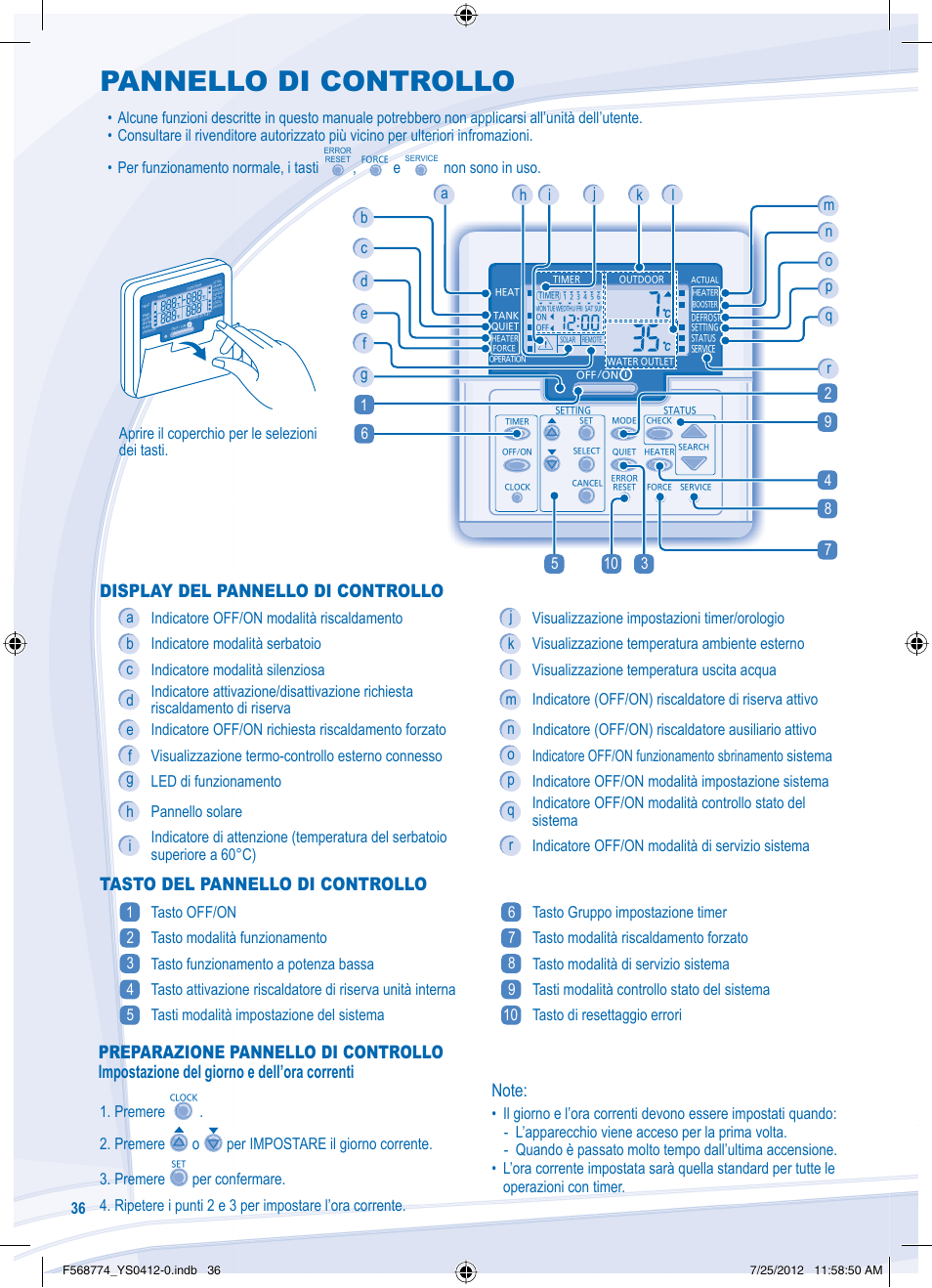 Pannello di controllo, Impostazione funzioni speciali, Tasto del pannello di controllo | Non sono in uso, Aprire il coperchio per le selezioni dei tasti | Panasonic WHSDF03E3E5 User Manual | Page 36 / 76