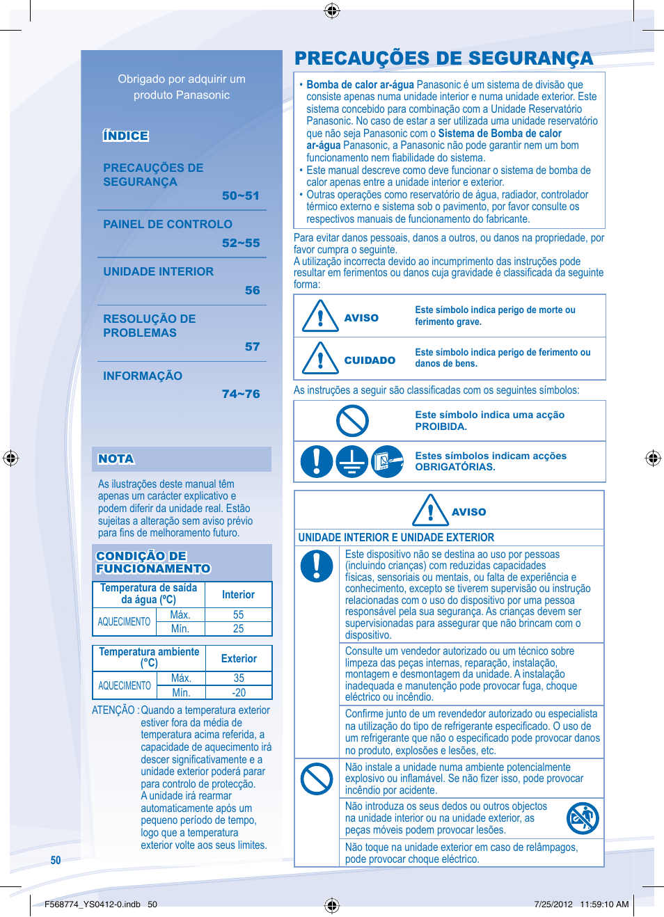 Precauções de segurança | Panasonic WHSDF03E3E5 User Manual | Page 50 / 76