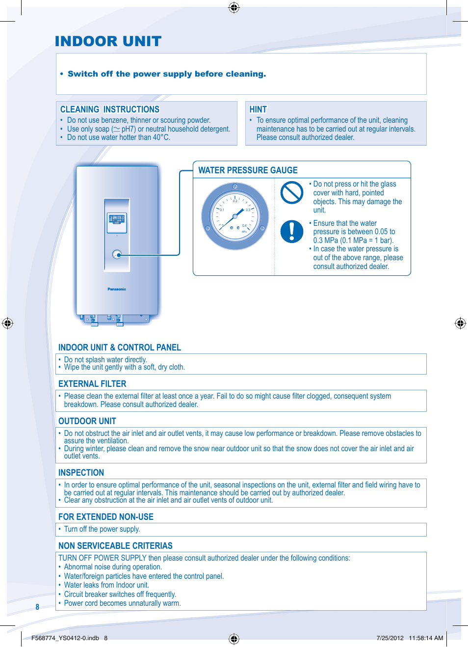 Indoor unit | Panasonic WHSDF03E3E5 User Manual | Page 8 / 76