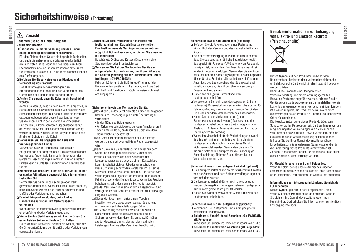 Sicherheitshinweise, Fortsetzung) | Panasonic CYPA2003N User Manual | Page 19 / 82