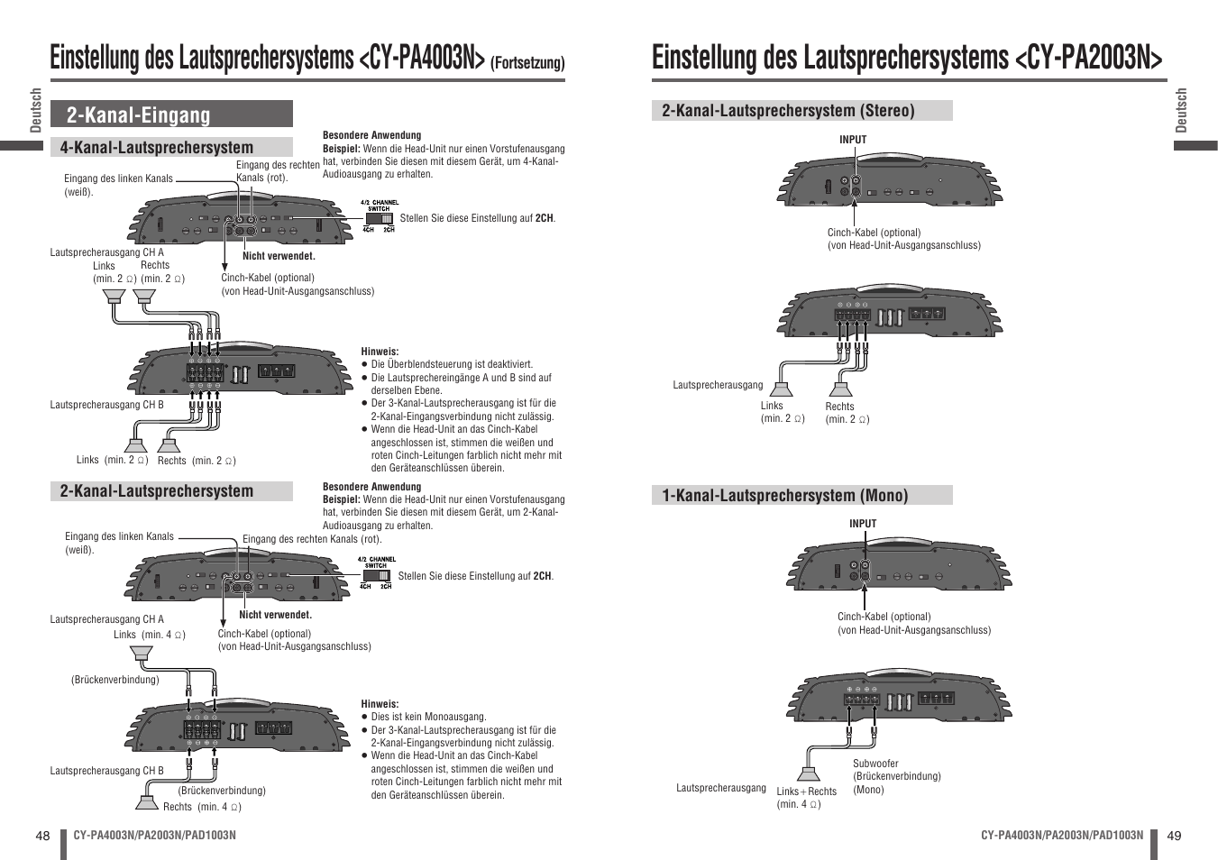 Einstellung des lautsprechersystems <cy-pa4003n, Einstellung des lautsprechersystems <cy-pa2003n, Kanal-eingang | Panasonic CYPA2003N User Manual | Page 25 / 82