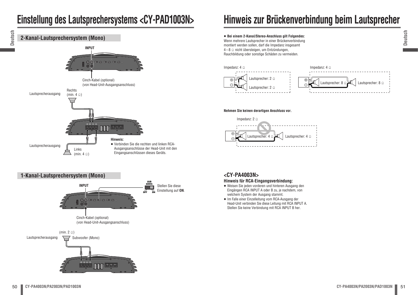 Einstellung des lautsprechersystems <cy-pad1003n, Hinweis zur brückenverbindung beim lautsprecher | Panasonic CYPA2003N User Manual | Page 26 / 82