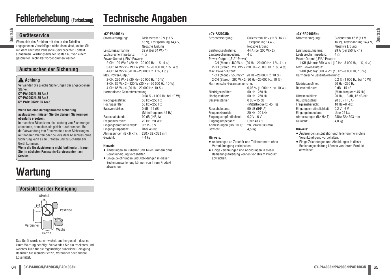 Wartung, Technische angaben, Fehlerbehebung | Vorsicht bei der reinigung, Fortsetzung) geräteservice, Austauschen der sicherung | Panasonic CYPA2003N User Manual | Page 33 / 82