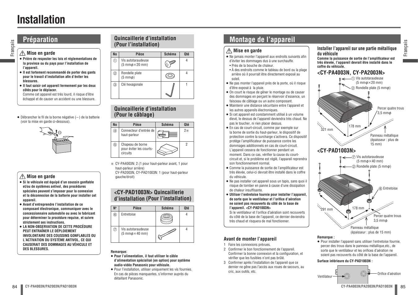 Installation, Préparation, Montage de l’appareil | Panasonic CYPA2003N User Manual | Page 43 / 82