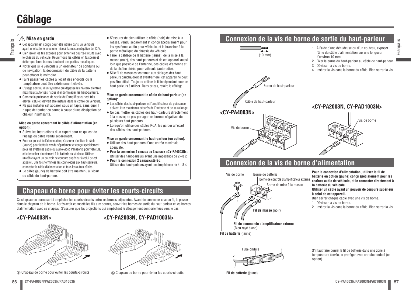 Câblage, Chapeau de borne pour éviter les courts-circuits | Panasonic CYPA2003N User Manual | Page 44 / 82