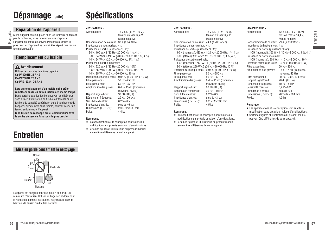 Entretien, Spécifi cations, Dépannage | Mise en garde concernant le nettoyage, Suite) réparation de l’appareil, Remplacement du fusible | Panasonic CYPA2003N User Manual | Page 49 / 82