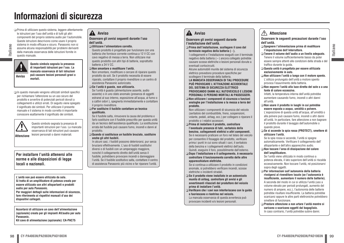 Informazioni di sicurezza | Panasonic CYPA2003N User Manual | Page 50 / 82