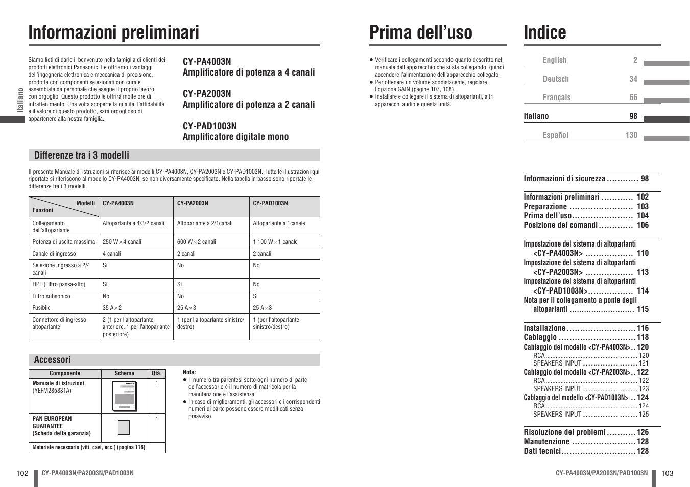 Indice, Prima dell’uso informazioni preliminari, Differenze tra i 3 modelli | Panasonic CYPA2003N User Manual | Page 52 / 82