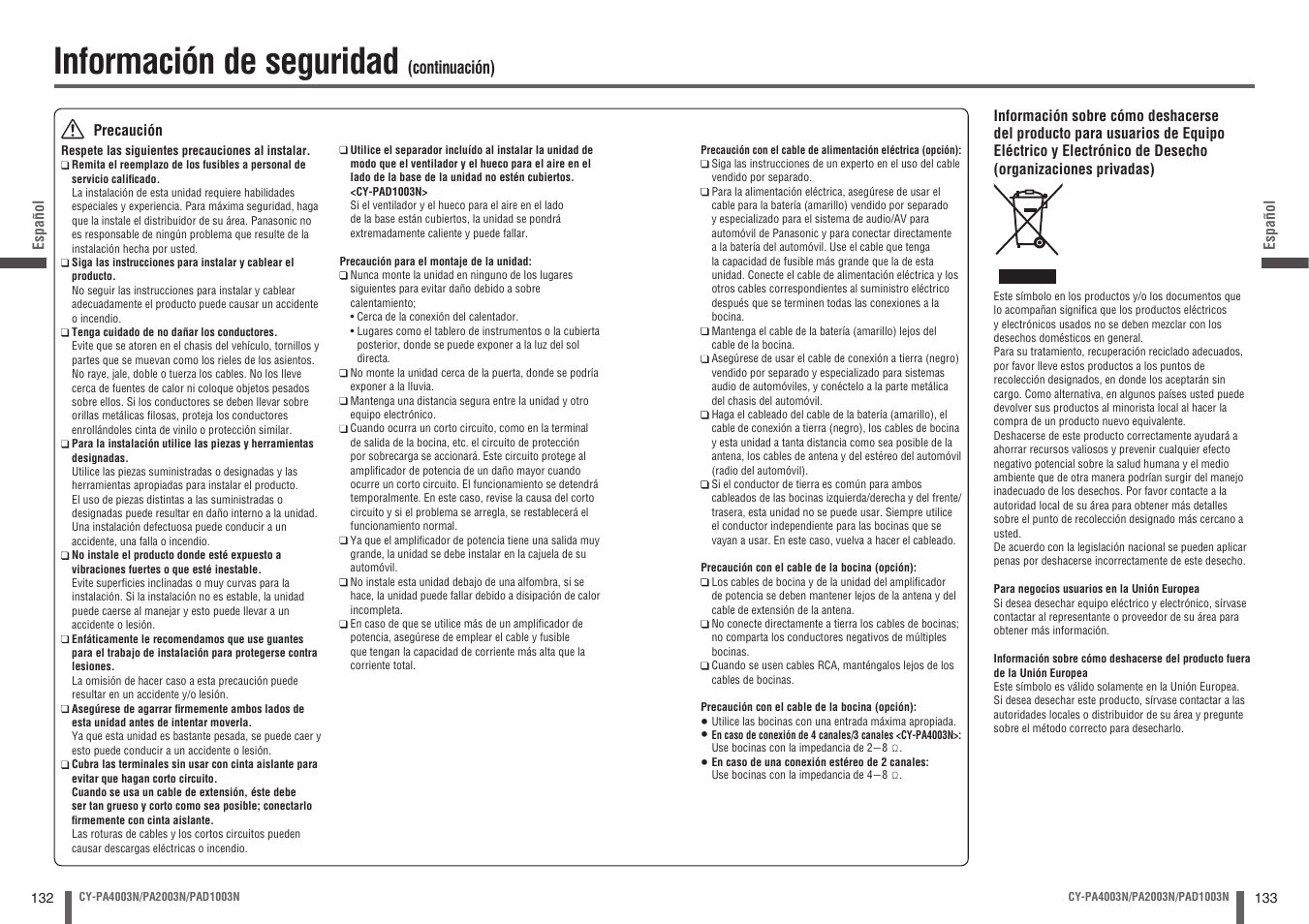 Información de seguridad, Continuación) | Panasonic CYPA2003N User Manual | Page 67 / 82