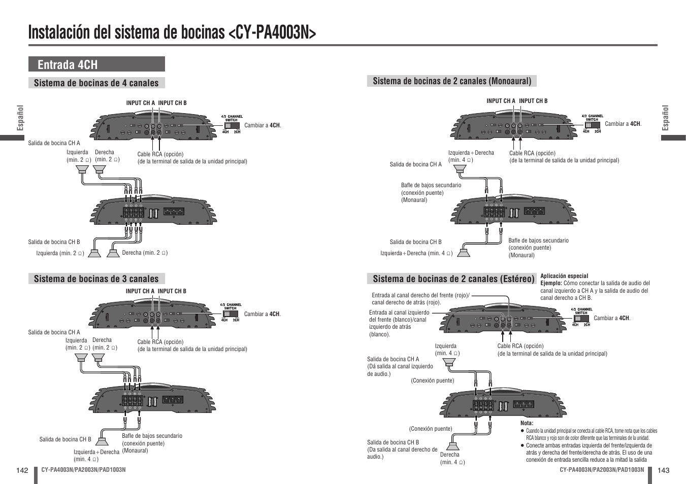 Instalación del sistema de bocinas <cy-pa4003n, Entrada 4ch | Panasonic CYPA2003N User Manual | Page 72 / 82