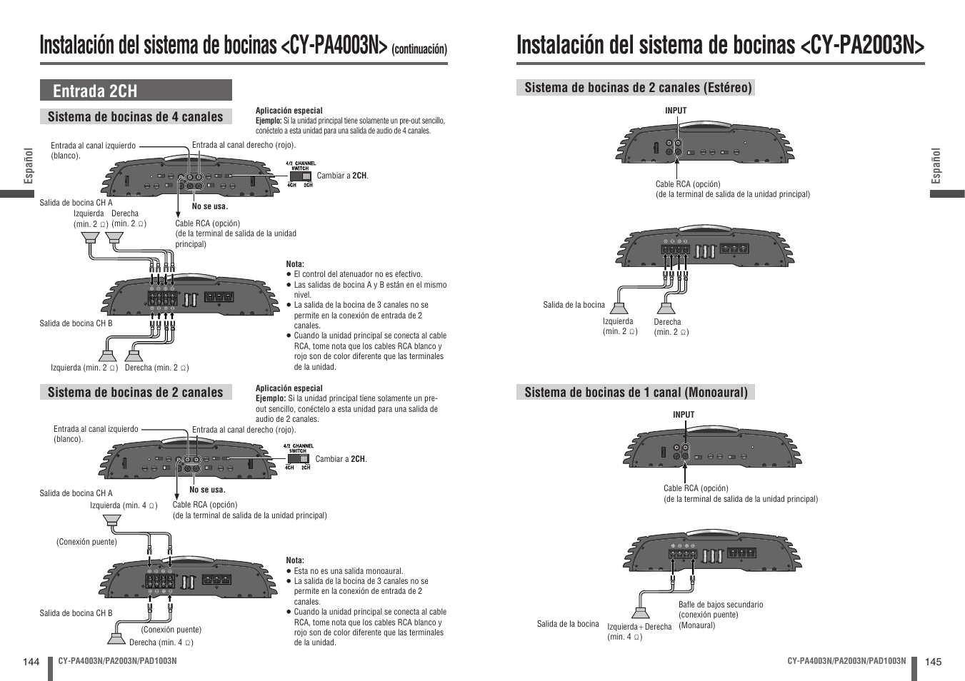 Instalación del sistema de bocinas <cy-pa4003n, Instalación del sistema de bocinas <cy-pa2003n, Entrada 2ch | Panasonic CYPA2003N User Manual | Page 73 / 82