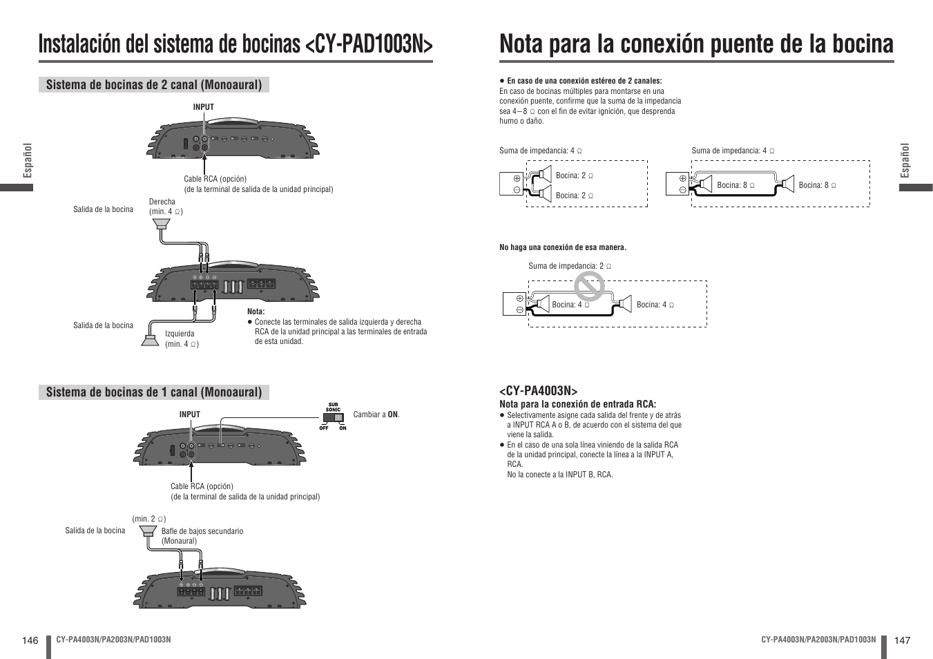 Instalación del sistema de bocinas <cy-pad1003n, Nota para la conexión puente de la bocina | Panasonic CYPA2003N User Manual | Page 74 / 82