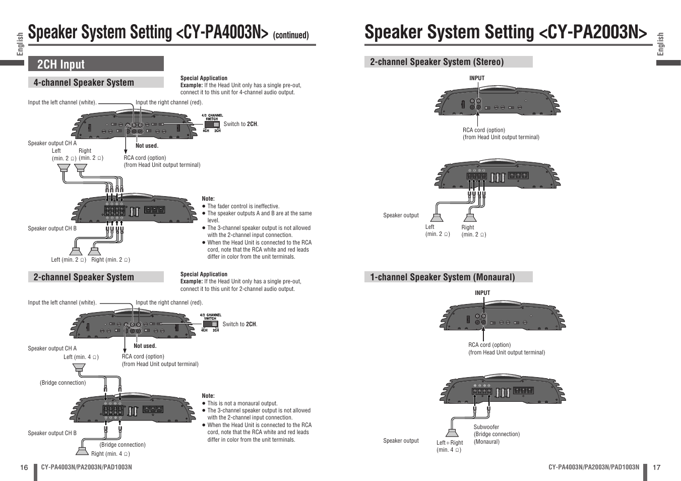 Speaker system setting <cy-pa4003n, Speaker system setting <cy-pa2003n, 2ch input | Panasonic CYPA2003N User Manual | Page 9 / 82