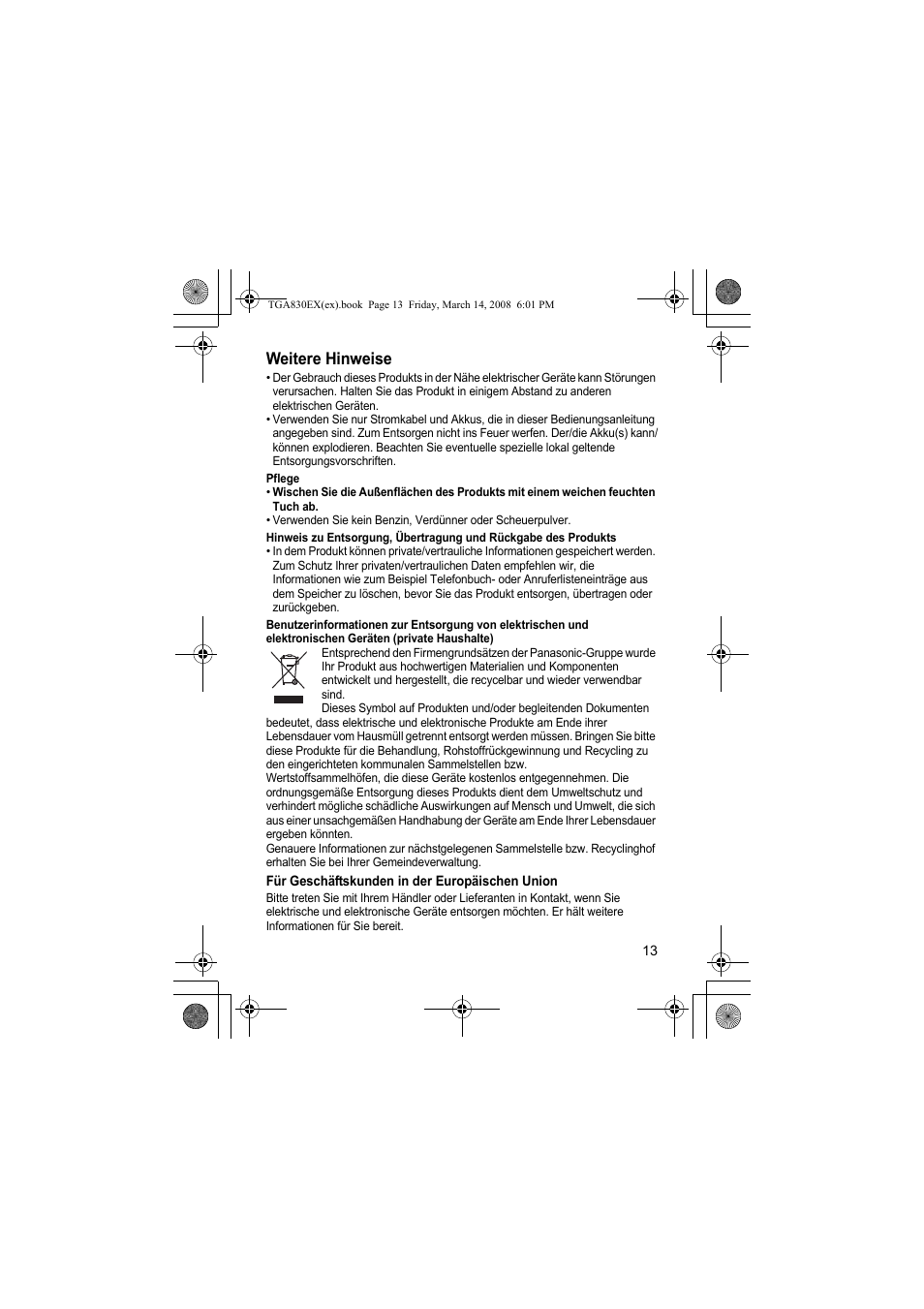 Weitere hinweise | Panasonic KXTGA830EX User Manual | Page 13 / 80