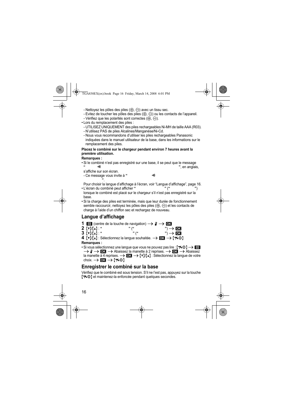 Langue d’affichage, Enregistrer le combiné sur la base | Panasonic KXTGA830EX User Manual | Page 16 / 80