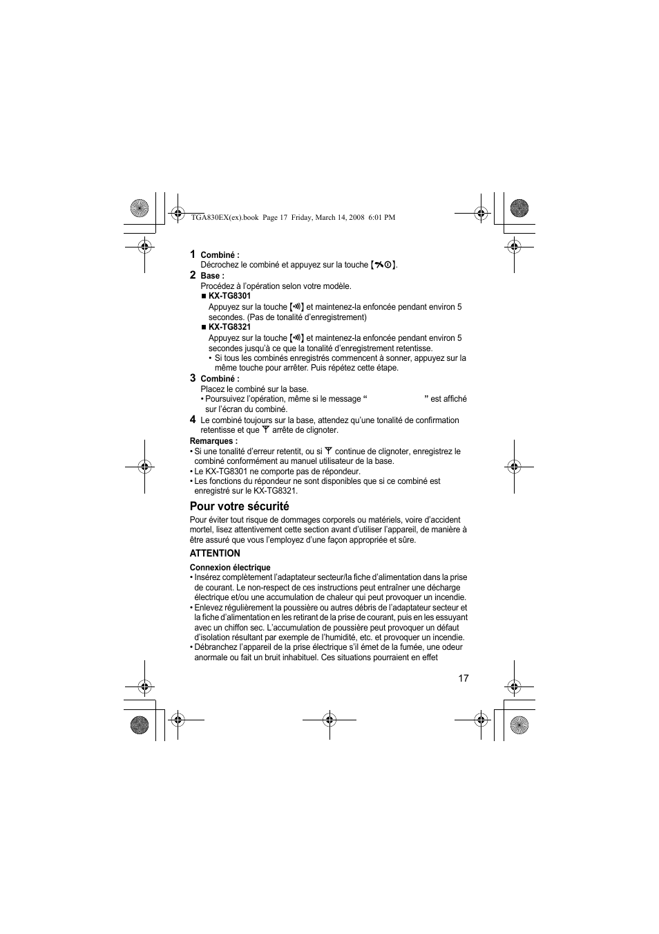 Pour votre sécurité | Panasonic KXTGA830EX User Manual | Page 17 / 80