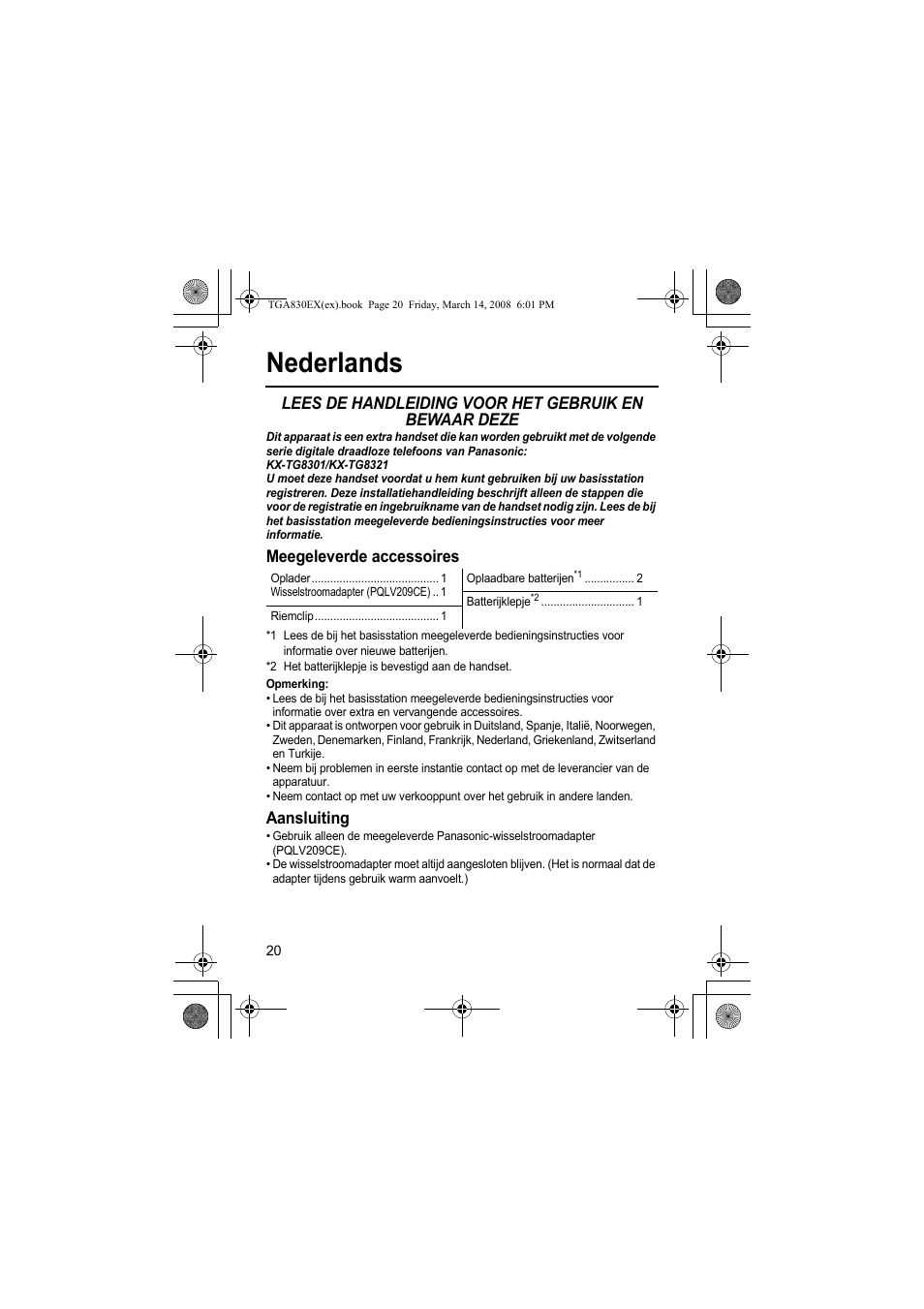 Nederlands, Meegeleverde accessoires, Aansluiting | Panasonic KXTGA830EX User Manual | Page 20 / 80