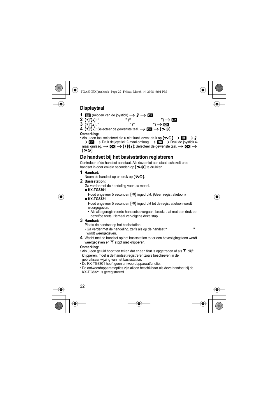 Displaytaal, De handset bij het basisstation registreren | Panasonic KXTGA830EX User Manual | Page 22 / 80