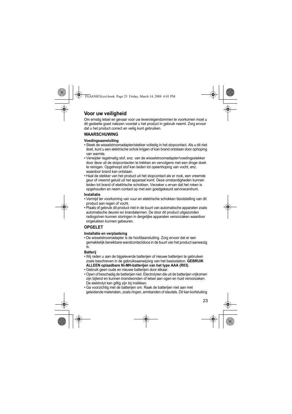 Voor uw veiligheid | Panasonic KXTGA830EX User Manual | Page 23 / 80