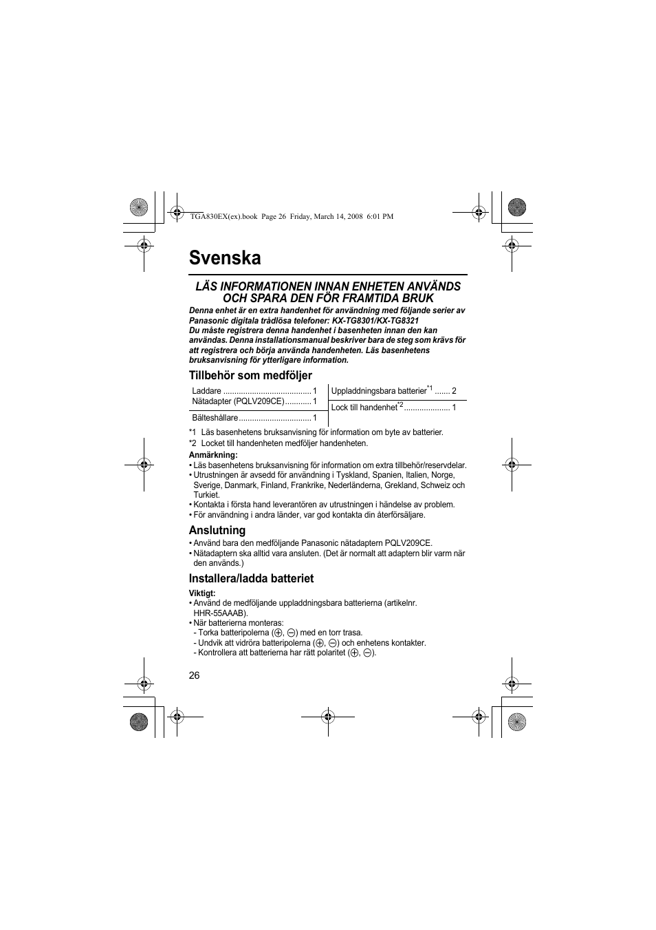 Svenska, Tillbehör som medföljer, Anslutning | Installera/ladda batteriet | Panasonic KXTGA830EX User Manual | Page 26 / 80