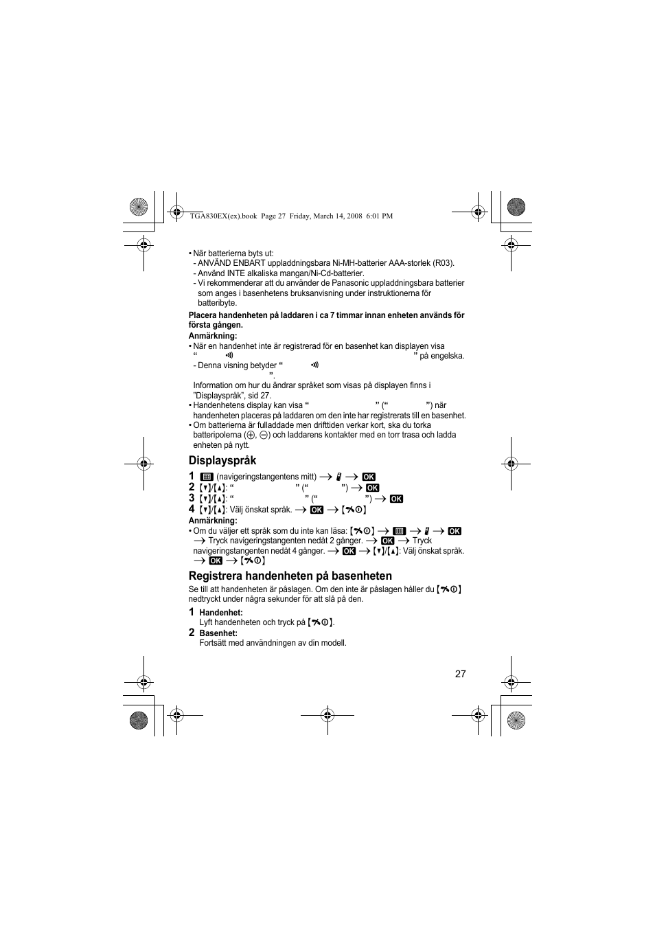 Displayspråk, Registrera handenheten på basenheten | Panasonic KXTGA830EX User Manual | Page 27 / 80