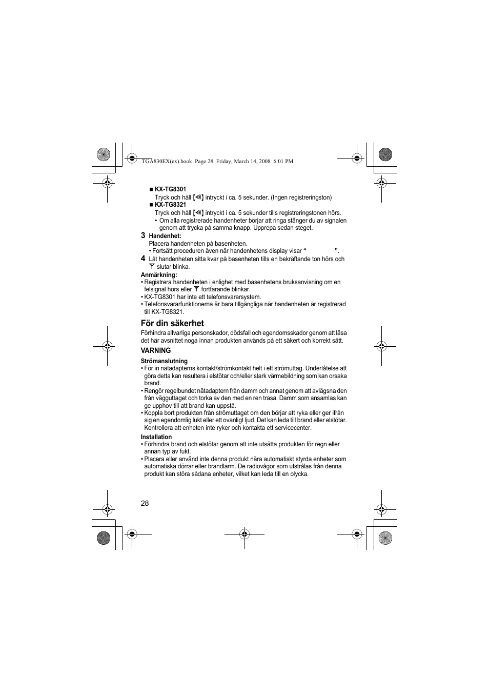 För din säkerhet | Panasonic KXTGA830EX User Manual | Page 28 / 80