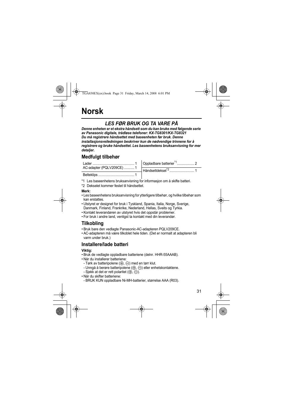 Norsk, Les før bruk og ta vare på, Medfulgt tilbehør | Tilkobling, Installere/lade batteri | Panasonic KXTGA830EX User Manual | Page 31 / 80