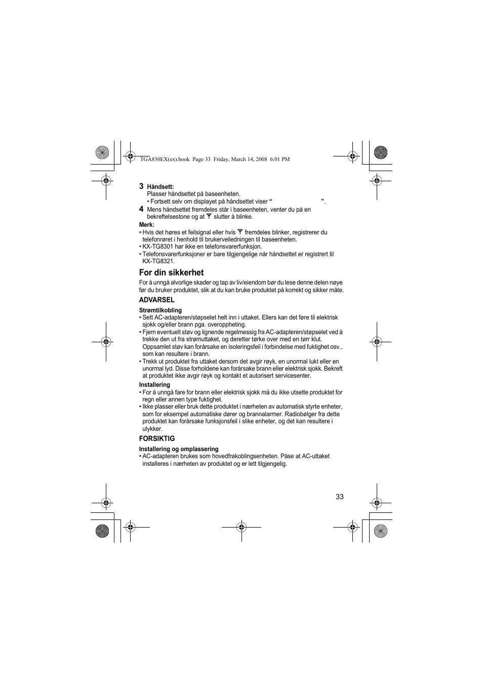 For din sikkerhet | Panasonic KXTGA830EX User Manual | Page 33 / 80