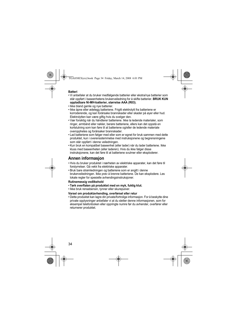 Annen informasjon | Panasonic KXTGA830EX User Manual | Page 34 / 80