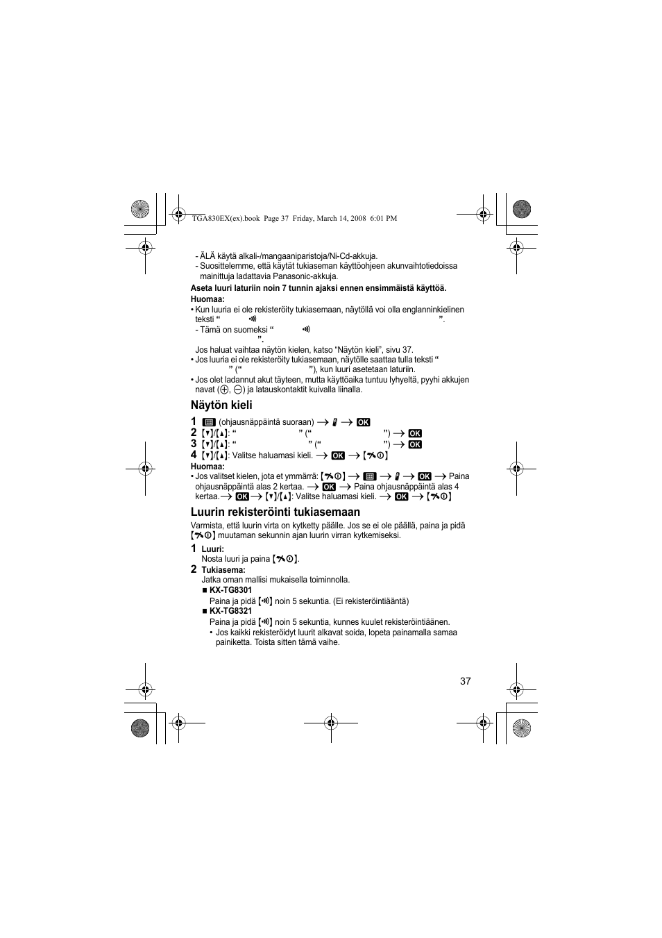 Näytön kieli, Luurin rekisteröinti tukiasemaan | Panasonic KXTGA830EX User Manual | Page 37 / 80