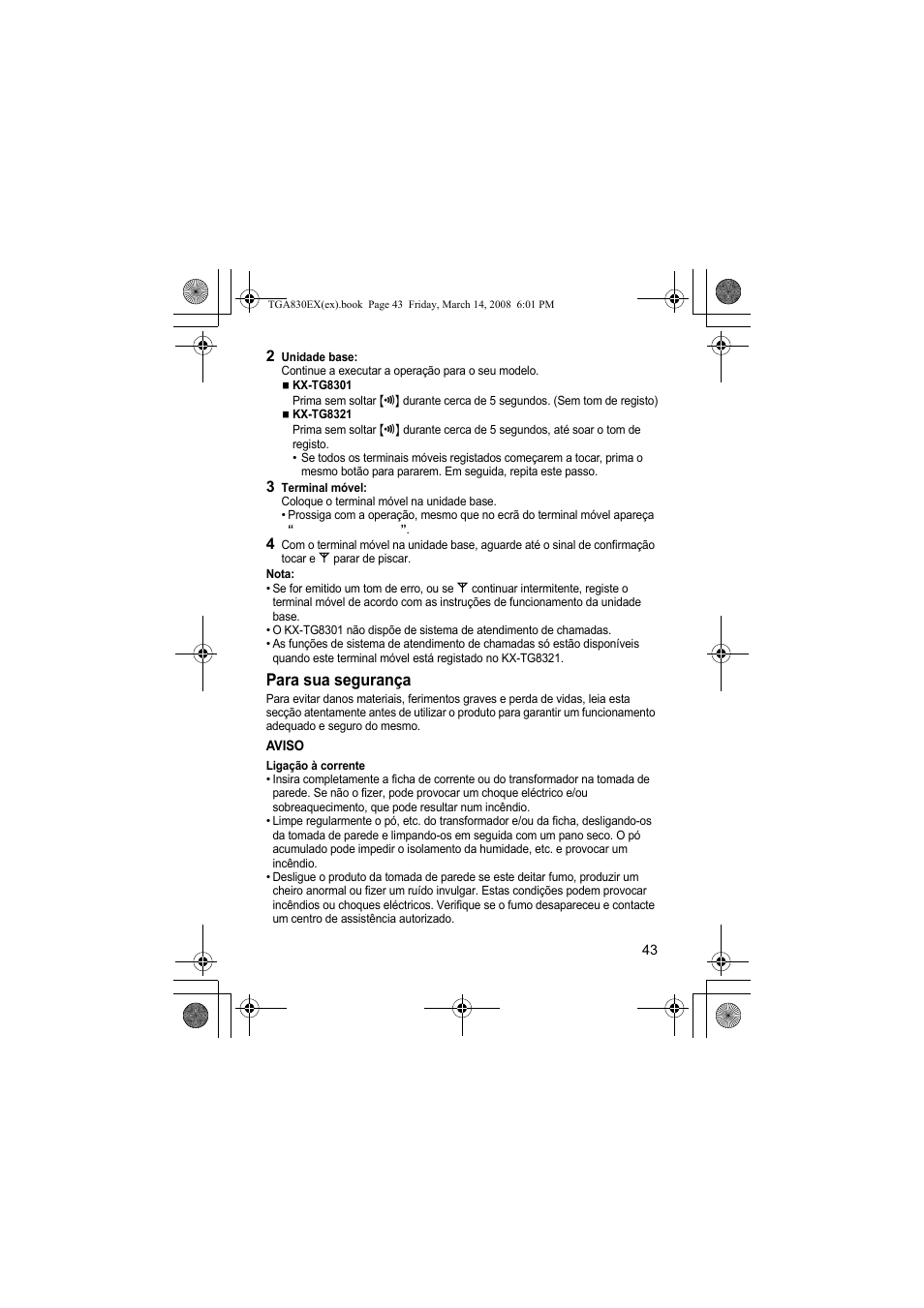 Para sua segurança | Panasonic KXTGA830EX User Manual | Page 43 / 80
