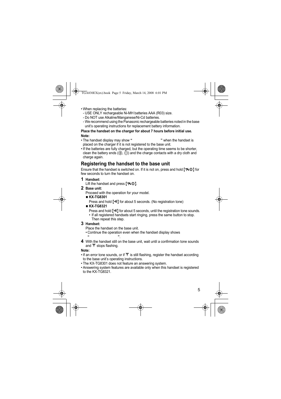 Registering the handset to the base unit | Panasonic KXTGA830EX User Manual | Page 5 / 80