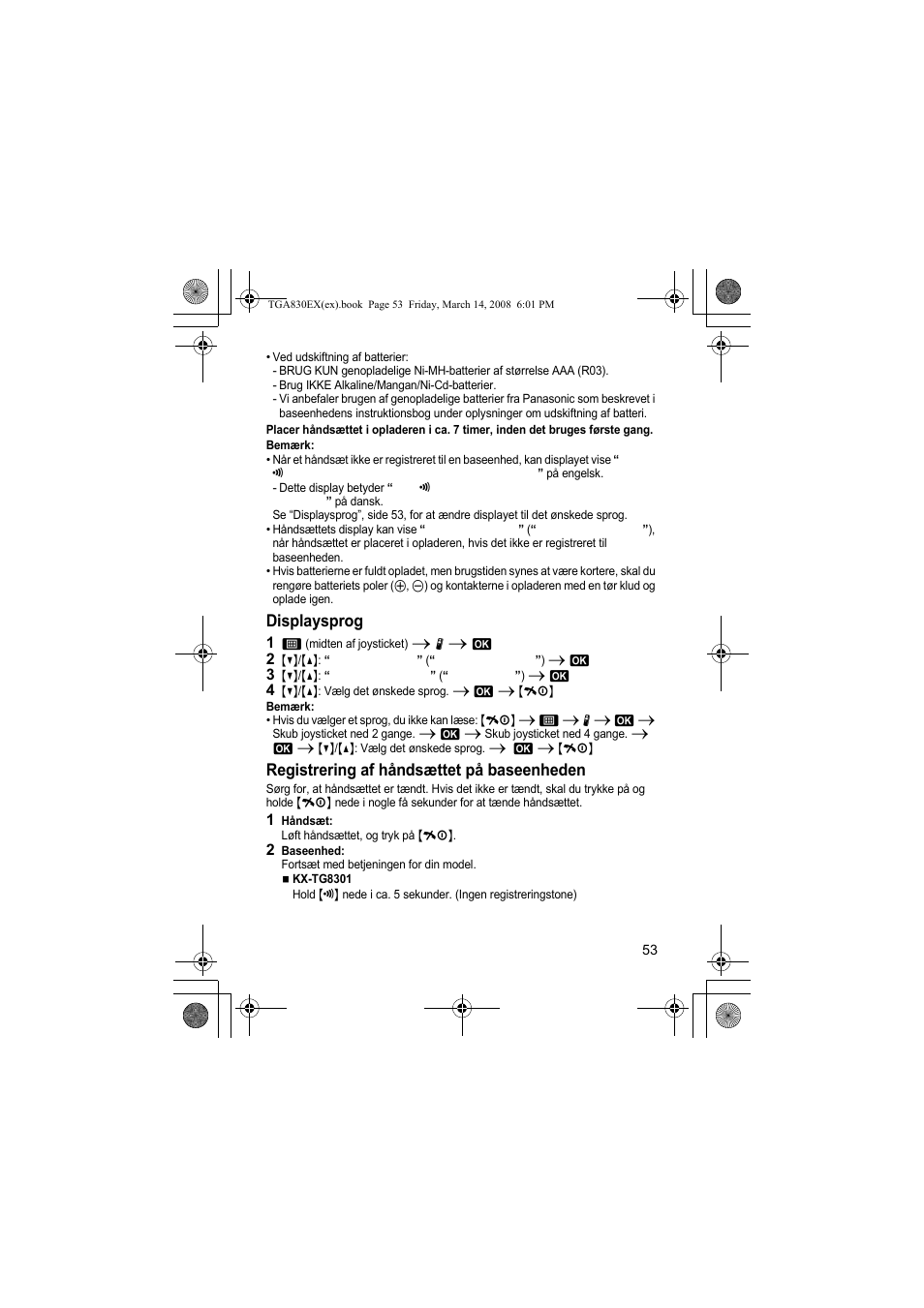 Displaysprog, Registrering af håndsættet på baseenheden | Panasonic KXTGA830EX User Manual | Page 53 / 80
