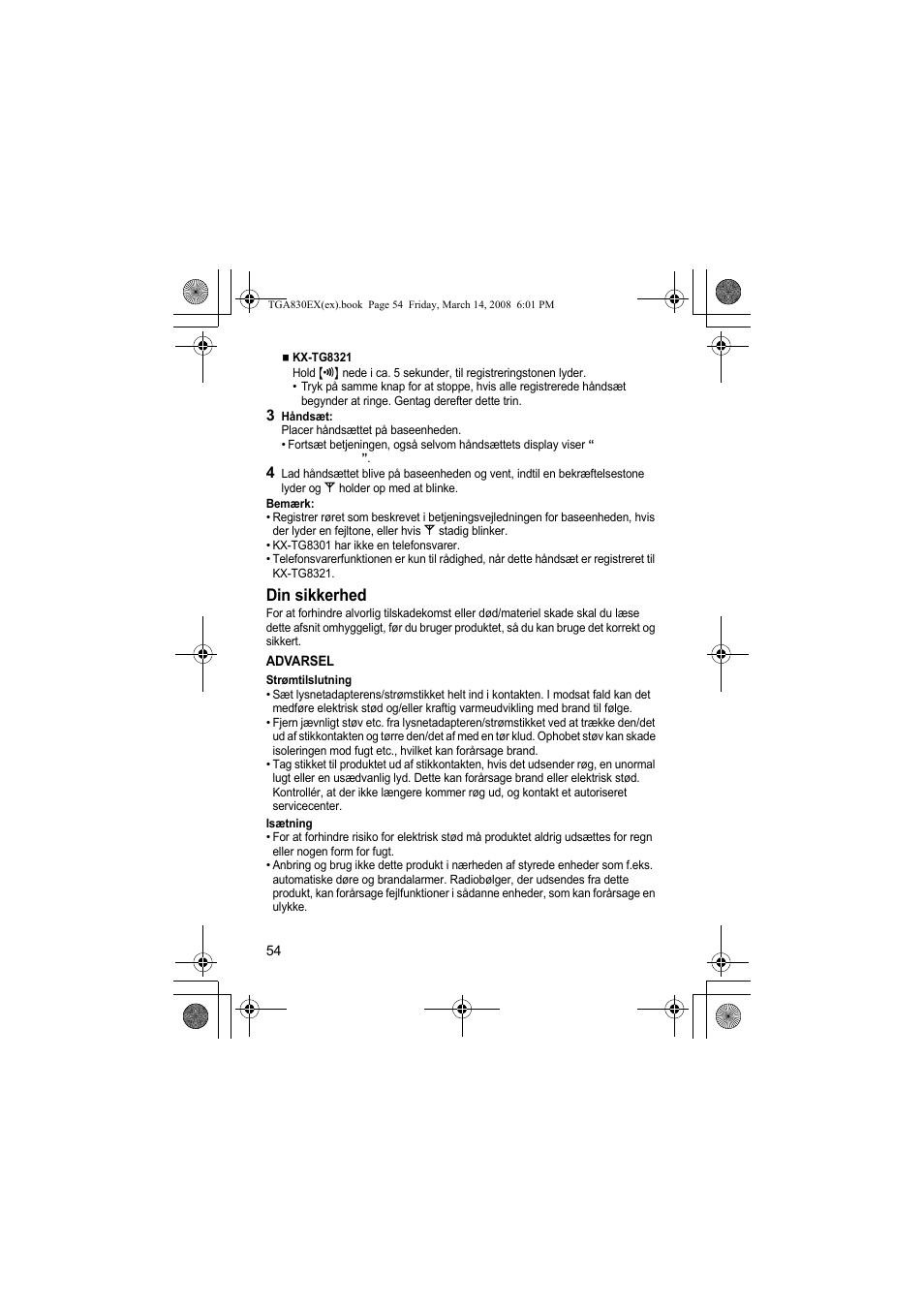 Din sikkerhed | Panasonic KXTGA830EX User Manual | Page 54 / 80