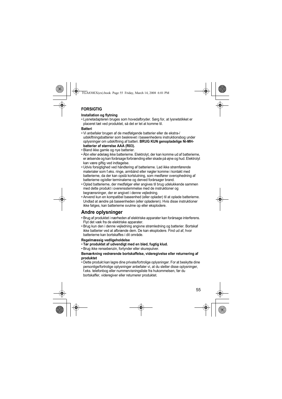 Andre oplysninger | Panasonic KXTGA830EX User Manual | Page 55 / 80