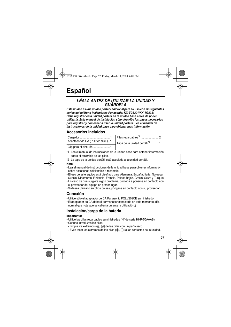 Español, Léala antes de utilizar la unidad y guárdela, Accesorios incluidos | Conexión, Instalación/carga de la batería | Panasonic KXTGA830EX User Manual | Page 57 / 80