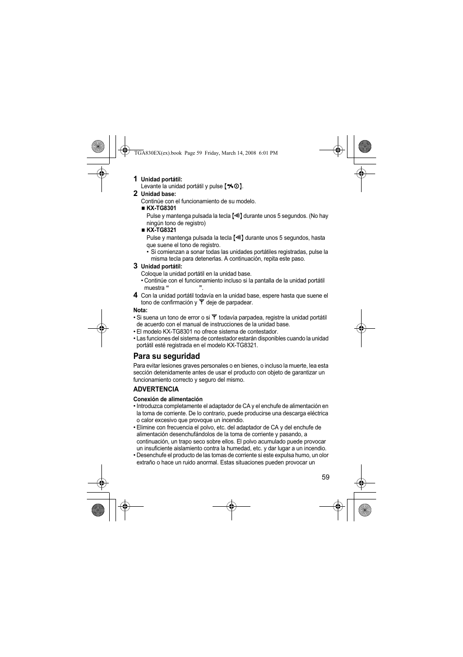 Para su seguridad | Panasonic KXTGA830EX User Manual | Page 59 / 80