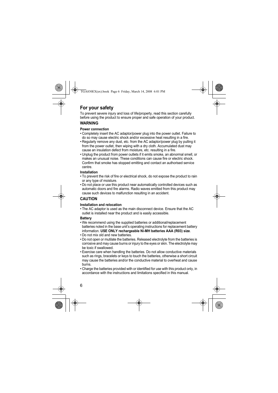 For your safety | Panasonic KXTGA830EX User Manual | Page 6 / 80