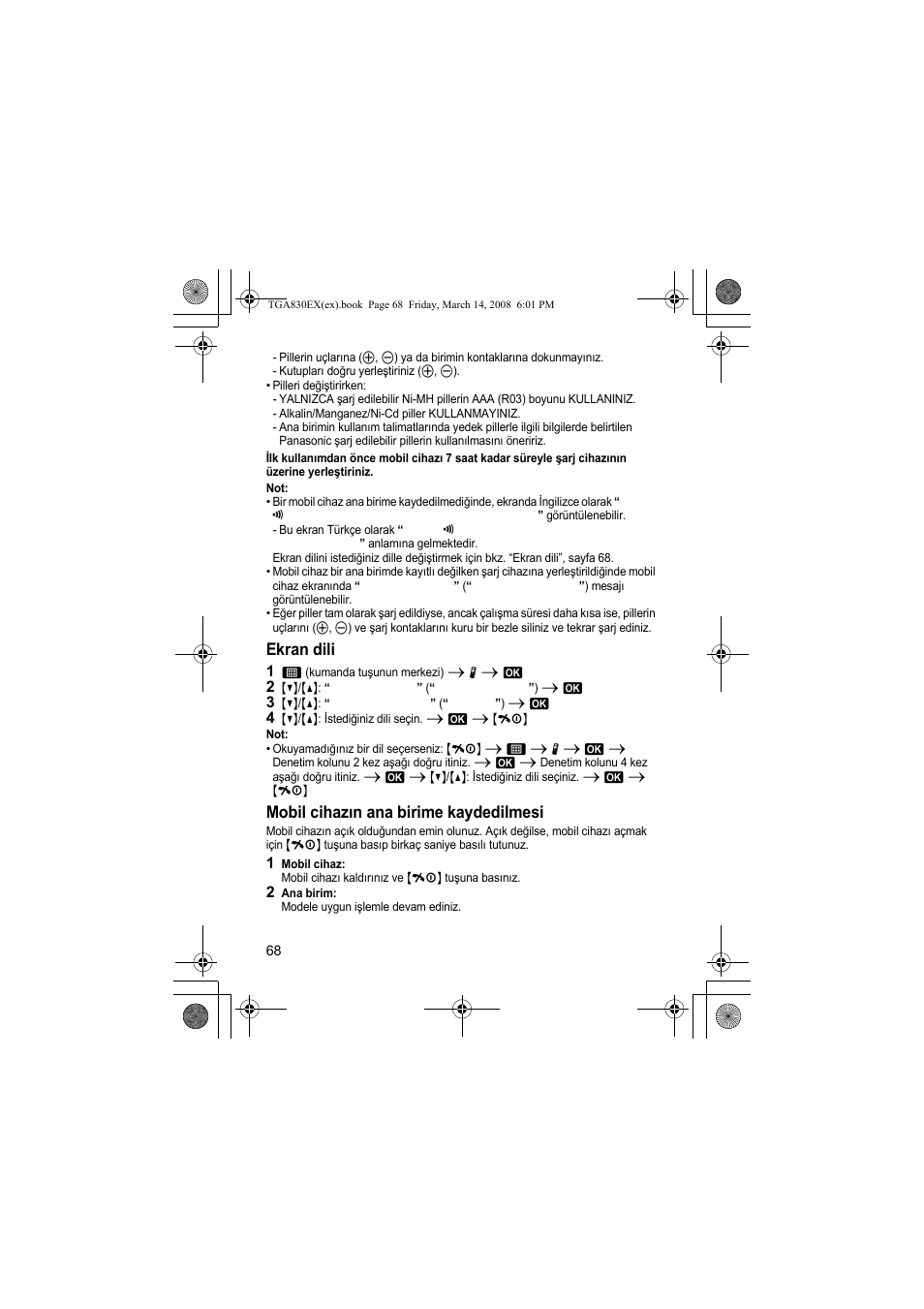 Ekran dili, Mobil cihazın ana birime kaydedilmesi | Panasonic KXTGA830EX User Manual | Page 68 / 80
