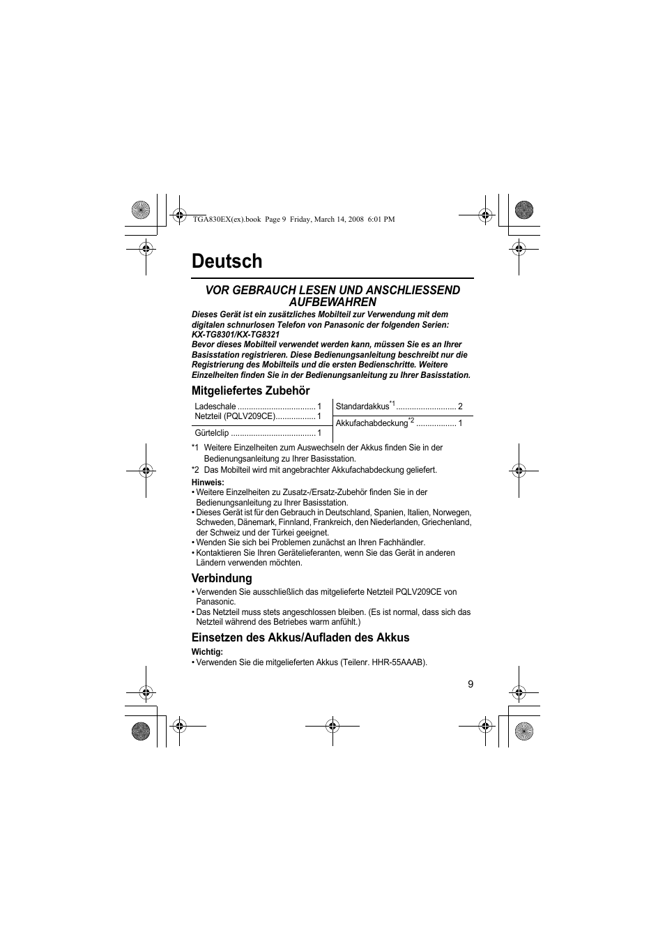 Deutsch, Vor gebrauch lesen und anschliessend aufbewahren, Mitgeliefertes zubehör | Verbindung, Einsetzen des akkus/aufladen des akkus | Panasonic KXTGA830EX User Manual | Page 9 / 80