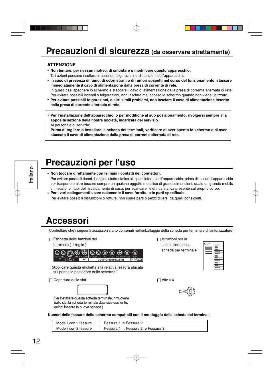 Precauzioni di sicurezza, Accessori, Precauzioni per l'uso | Da osservare strettamente), Italiano | Panasonic TY42TM6Y User Manual | Page 12 / 24