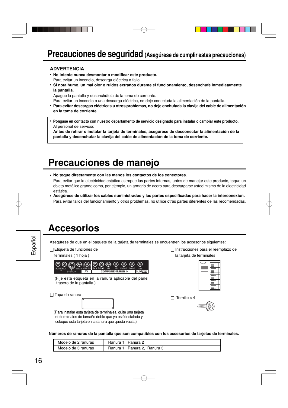 Precauciones de seguridad, Accesorios, Precauciones de manejo | Asegúrese de cumplir estas precauciones), Espa ñ ol | Panasonic TY42TM6Y User Manual | Page 16 / 24
