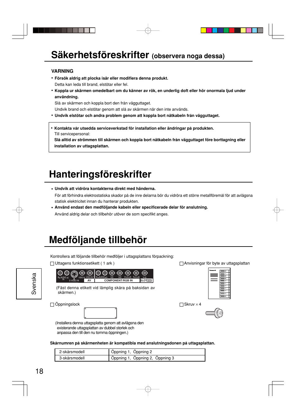 Säkerhetsföreskrifter, Medföljande tillbehör, Hanteringsföreskrifter | Observera noga dessa), Svenska | Panasonic TY42TM6Y User Manual | Page 18 / 24