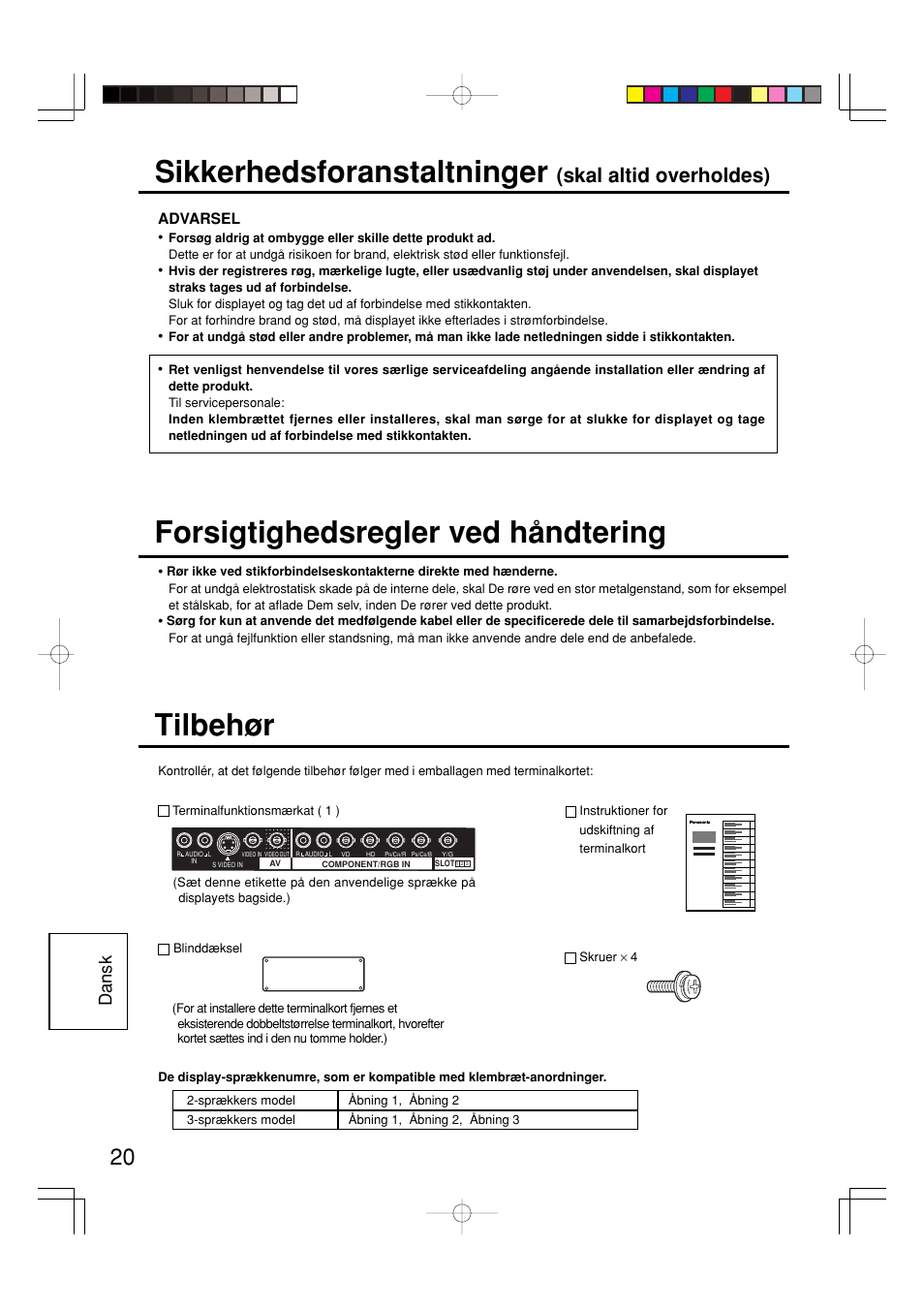 Sikkerhedsforanstaltninger, Tilbehør, Forsigtighedsregler ved håndtering | Skal altid overholdes), Dansk | Panasonic TY42TM6Y User Manual | Page 20 / 24