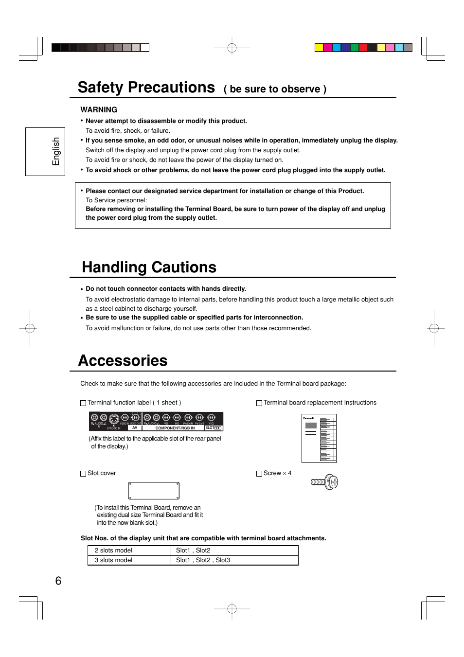 Safety precautions, Accessories, Handling cautions | Be sure to observe ), English | Panasonic TY42TM6Y User Manual | Page 6 / 24